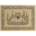AN EARLY 20TH CENTURY MIDDLE EASTERN CALLIGRAPHIC PAINTING OF HOLY MECCA (KAABA), inscribed and