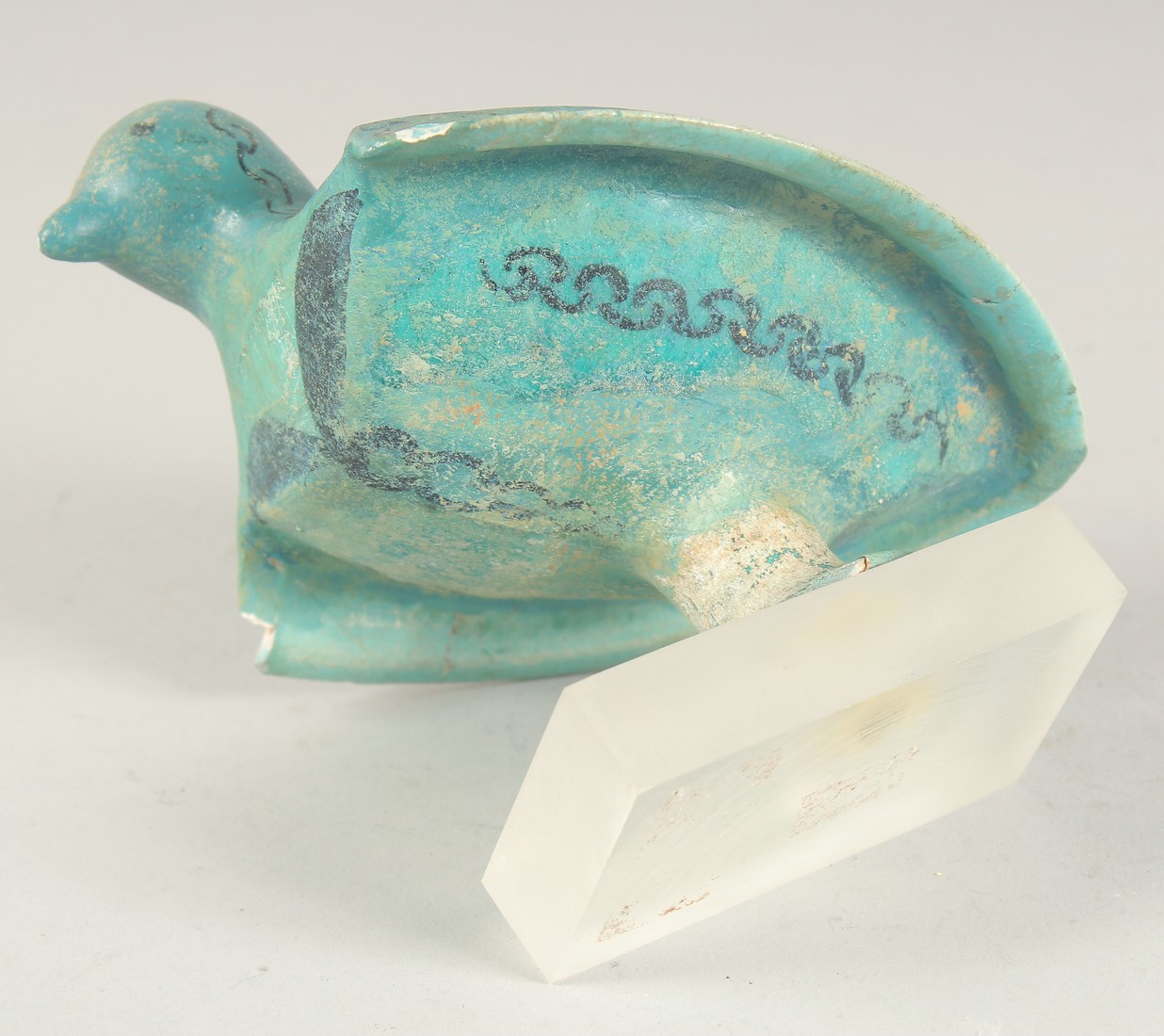 AN EARLY KASHAN TURQUOISE GLAZED POTTERY BIRD ON MOUNT, 14cm long. - Image 3 of 3