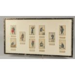 A FRAMED SET OF TEN PAINTED ILLUSTRATIONS OF VARIOUS CHINESE WORKERS, overall 34cm x 64.5cm.