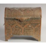 AN UNUSUAL FINE 19TH CENTURY MALAYSIAN CALLIGRAPHIC COPPER INLAID BRASS CASKET, with hinged lid, and