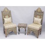A PAIR OF 19TH CENTURY MOORISH MOTHER OF PEARL AND BONE INLAID CHAIRS, together with a small Moorish