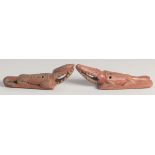 TWO 19TH CENTURY OTTOMAN EGYPTIAN TOPHANE CLAY CROCODILE FOOT SCRUBBERS. 22cm and 19cm