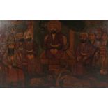 A LARGE PERSIAN QAJAR OIL PAINTING ON CANVASS, depicting a Qajar ruler with various attendants and