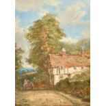 English School, Circa 1900, figures in a cart on a country lane passing a cottage, oil on board, 10"