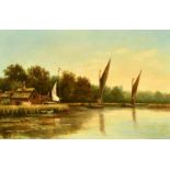 English School, Circa 1895, barges on a wide river with a cathedral spire beyond, oil on canvas,