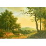 J. Robertson, 20th Century, a shepherd and his flock on a country path, oil on canvas, signed, 20" x