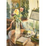 Russian School, Circa 1975, a still life of roses and sculpture in an interior setting, watercolour,