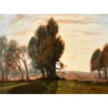 John Brown (20th Century), a tree lined landscape at dusk, oil on board, signed with initials,