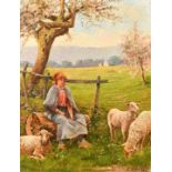 E. Cohendoz (Early 20th Century), a shepherdess and sheep sat amongst blossom, oil on board, signed,