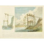 An antique hand-coloured engraving of a Chinese water wheel, 14.5" x 19.5" (37 x 49.5cm).