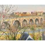 M.Thorold (20th Century) British, bridge over a river with a city beyond, oil on canvas, signed, 16"