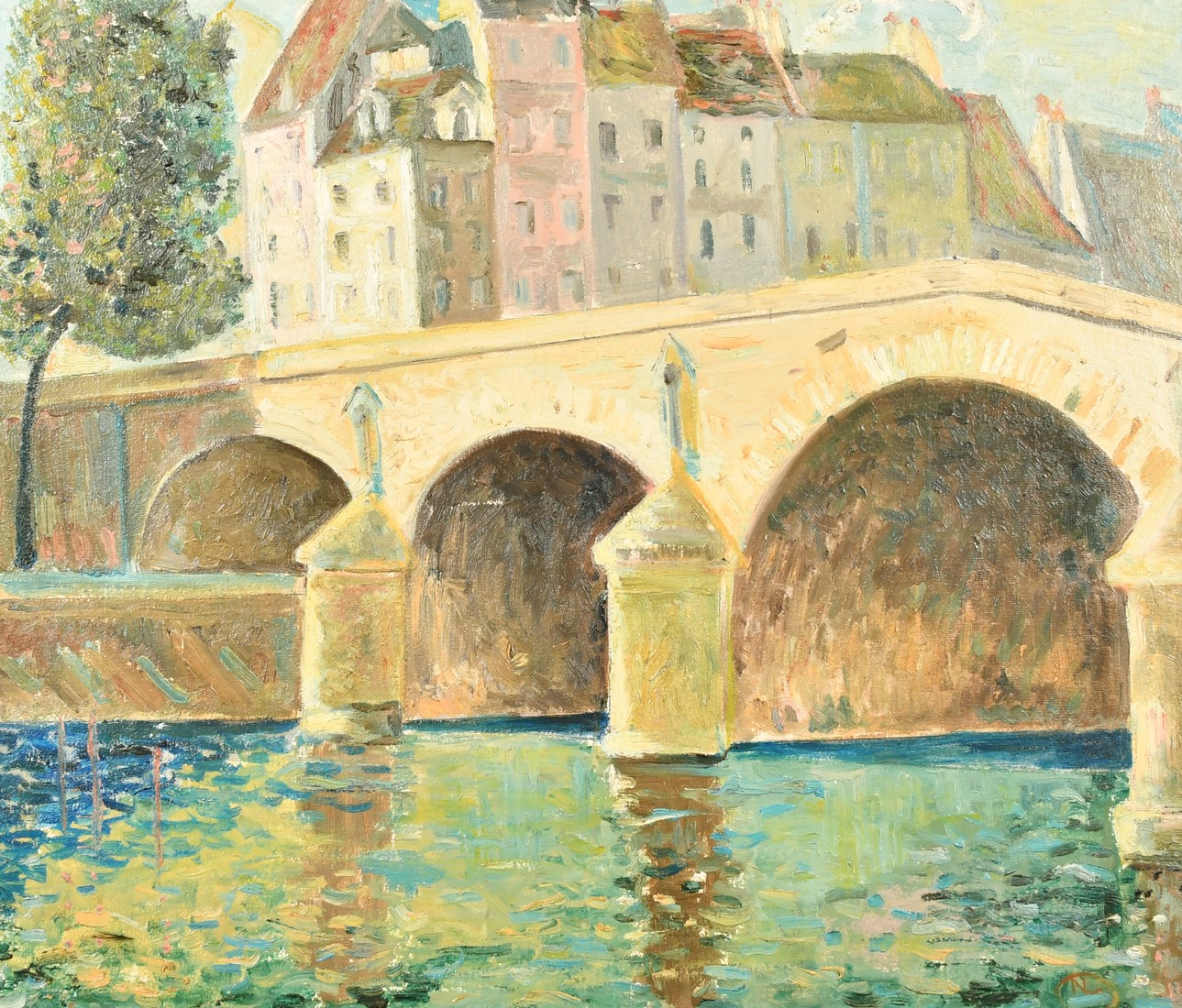 Attributed to Norman Lloyd, bridge over the Seine in Paris, oil on board, signed with initials,