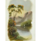 Late 19th Century School, a sailboat on a mountain lake, oil on glass, 5" x 3.5" (12 x 9cm).