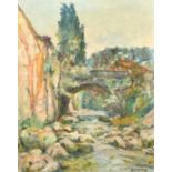 Andre Romand (1899-1981) French, a view of a stone bridge over a boulder-strewn river, oil on panel,