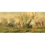 Circle of Philip Rideout (1860-1920), a pair of hunting scenes, oil on mahogany panel, signed