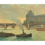 Continental School, circa 1907, barges on the River Seine with a bridge beyond, oil on canvas,