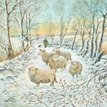 Ken Taylor (b. 1939) British, sheep gathered on a snowy pathway, 4" x 4" (10 x 10cm), along with a