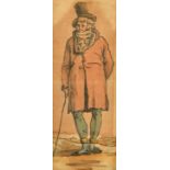 T. Rowlandson, Study of a gentleman with a walking cane, ink and wash, 6.25" x 2.25", (15.5x6cm).