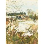 Olwyn Bowey (b. 1936), a hunter in a snowy landscape, oil on board, signed with initials, 12.75" x