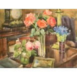 Russian School, Circa 1975, a still life of red roses and other flowers in an interior setting,