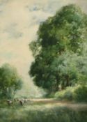 Charles Harrington (1865-1943) British, Cattle grazing in woodland shade, watercolour, signed, 14