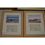 A pair of pilot's licences (?) framed and glazed with photographic prints of aeroplanes.