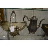 A plated swing handled basket, coffee pot and other items.