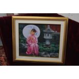 A young lady with a parasol in a garden setting by a lily pond, oil on canvas.