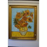 After Vincent Van Gogh, a large oil on canvas depicting sunflowers in a vase, in a decorative gilt