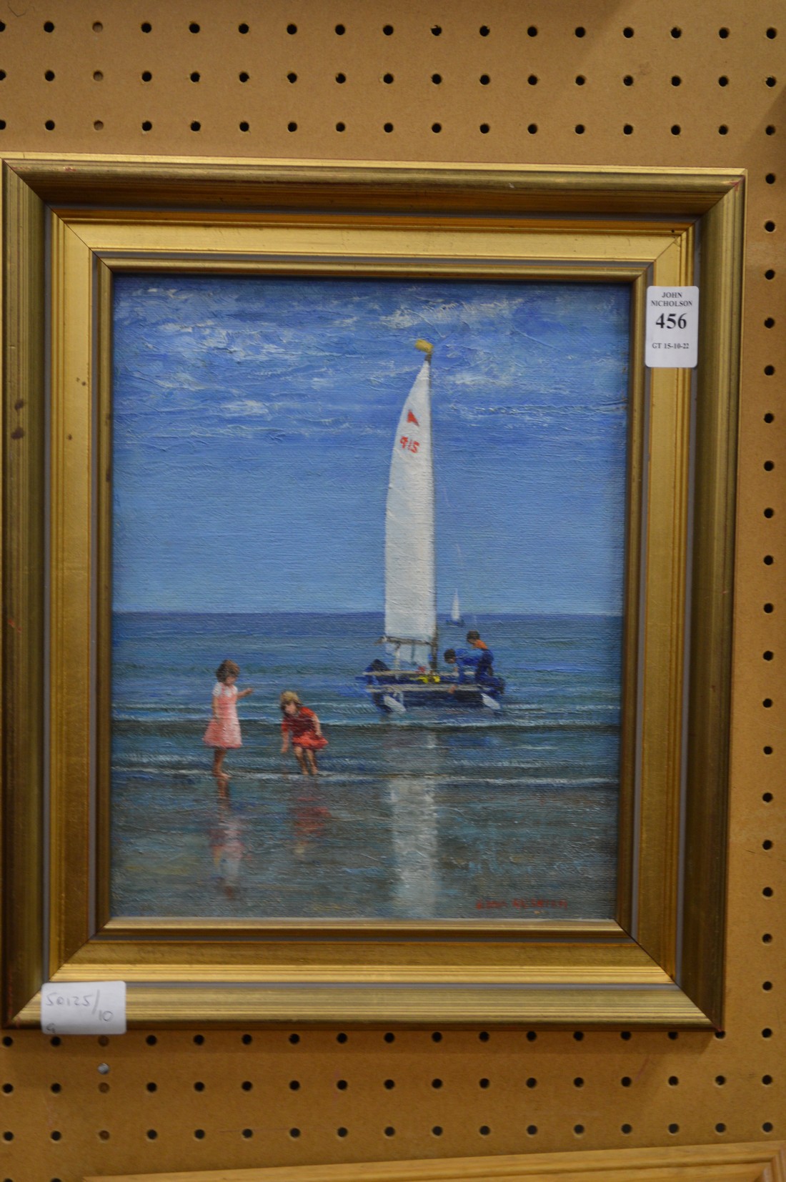 Children on a Shore with a Catamaran oil on board.
