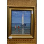 Children on a Shore with a Catamaran oil on board.