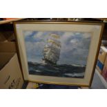 Three large colour prints depicting sailing ships and galleons.