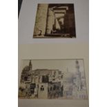 A pair of photographic prints depicting eastern cities and ruins.