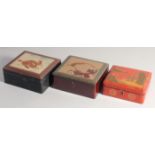 THREE LACQUERED WOOD BOXES, various sizes, (3).