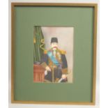 A LARGE FINE PERSIAN MINIATURE PAINTING, depicting Naser Al-Din Shah Qajar, framed and with cut