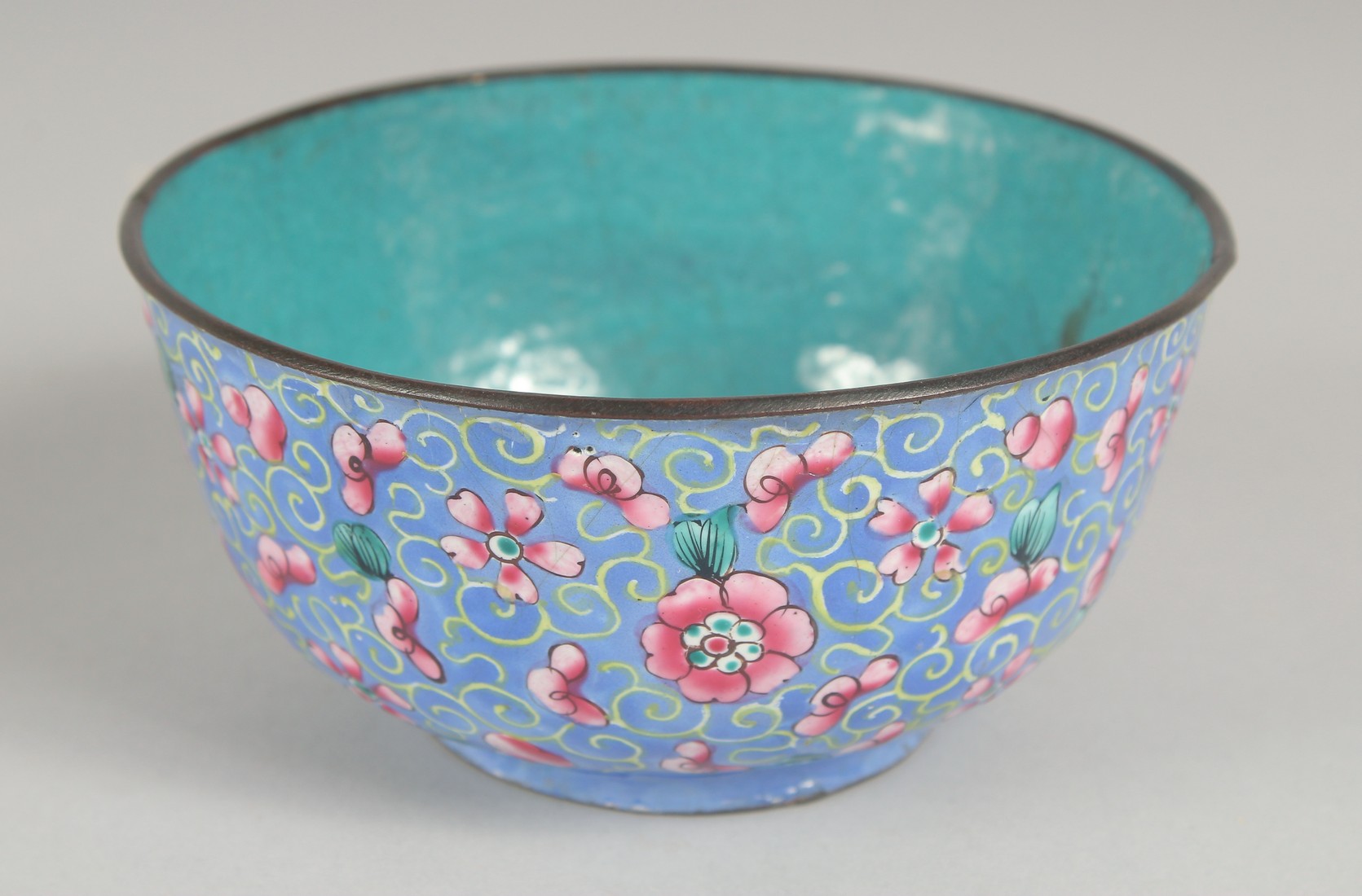 A CHINESE CANTON FAMILLE ROSE ENAMEL BOWL, the exterior with foliate decoration, 11.5cm diameter.