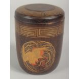 A FINE JAPANESE TURNED WOOD NATSUME / TEA CADDY, with a band of gilded key decoration to the lid and