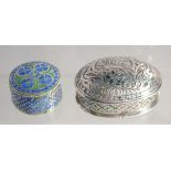 TWO 18TH/19TH CENTURY MUGHAL INDIAN LUCKNOW ENAMELLED SILVER SNUFF BOXES, 6cm wide and 3.5cm, (2).