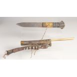 A TRAVELLING TROUSSE KNIFE AND CHOPSTICK SET, possibly Tibetan, the knife handle with bovine horn