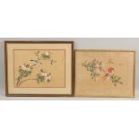 TWO CHINESE PAINTINGS ON SILK, each depicting a bird on a floral branch, both inscribed and with red