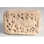 A RARE 12TH/13TH CENTURY PERSIAN SELJUK CLAY BRICK, depicting a bull, 12.5cm x 9cm.