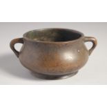 A CHINESE BRONZE TWIN HANDLE CENSER, six-character mark to base, 12cm wide (handle to handle).