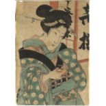 FOUR 19TH CENTURY JAPANESE WOODBLOCK PRINTS by Eisan Kikugana (1787-1867), depicting two beauties (