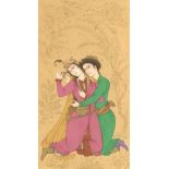 A FINE 20TH CENTURY PAINTING ON PAPER, depicting a couple in an embrace with gilt highlights and