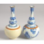 TWO SMALL CHINESE BLUE AND WHITE PORCELAIN VASES, each 17cm high.