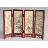 A CHINESE MINIATURE FOUR-PANELLED ALABASTER AND WOOD FOLDING SCREEN, painted on one side with
