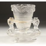 A CHINESE CUT GLASS LIBATION CUP AND STAND. 8.5cm overall