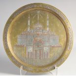 A FINE UNUSUAL 19TH CENTURY OTTOMAN SYRIAN SILVER INLAID BRASS TRAY, depicting the Blue Mosque of