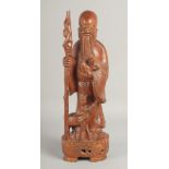 A LARGE CHINESE CARVED HARDWOOD FIGURE of an immortal holding a peach and a staff, 46.5cm high.