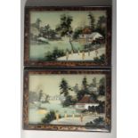 A GOOD PAIR OF CHINESE REVERSE PAINTINGS ON GLASS, river scenes with boats and buildings in a